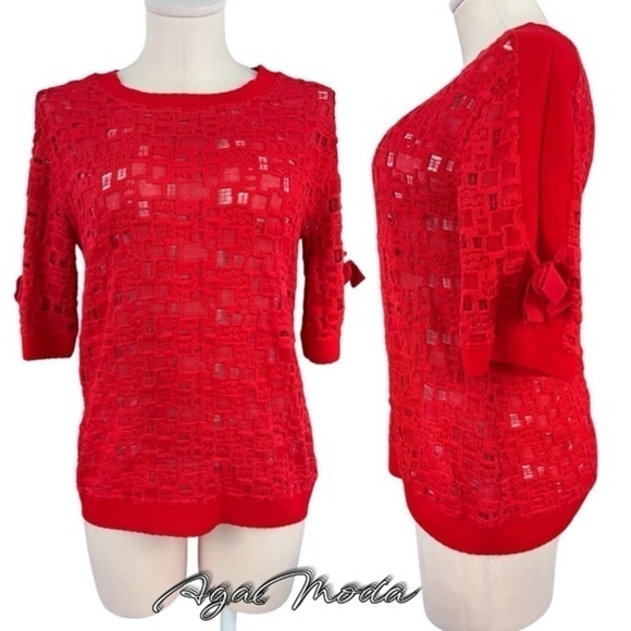 Carlisle New York Red Shirt Sleeve Textured Top with Split Sleeves and Bows - Picture 1 of 16